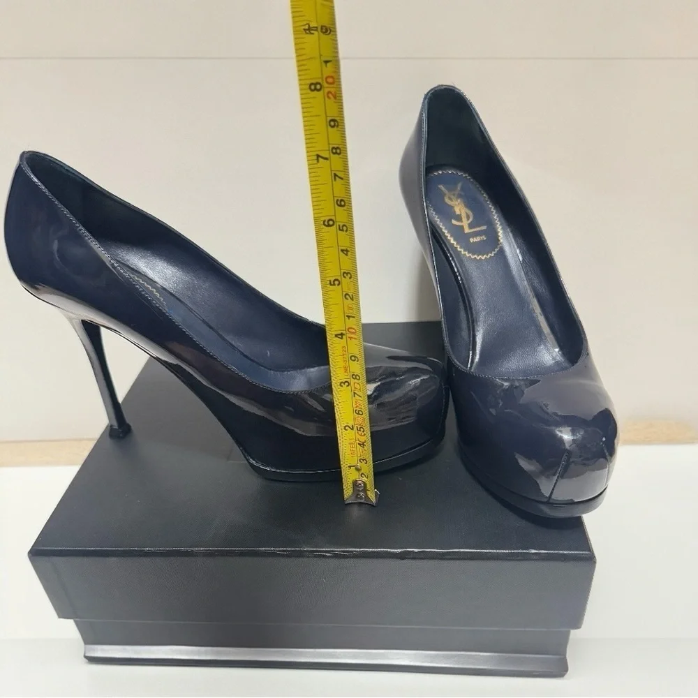 SAINT LAURENT Tribtoo 80 Patent Navy Blue Leather Heel Round Toe Pumps Size 40 - Picture 10 of 16